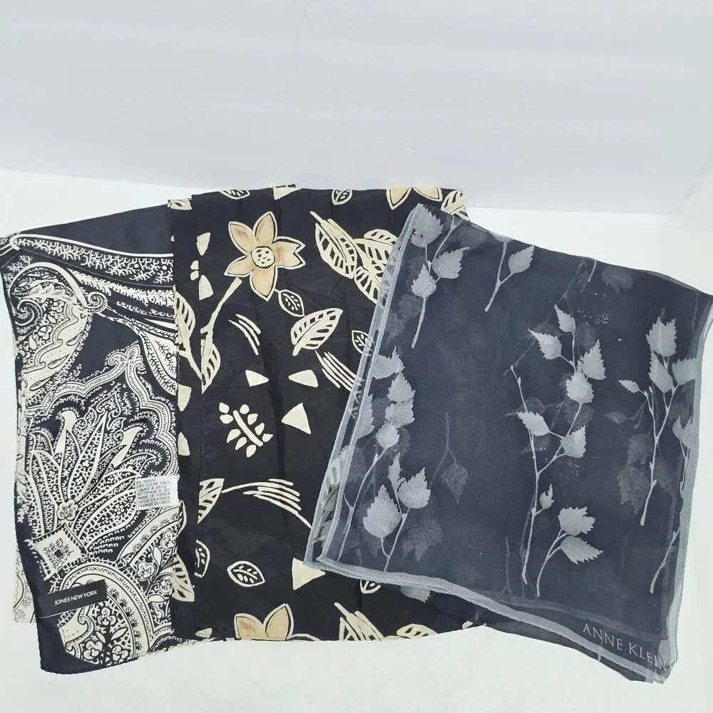 Vintage Designer Silk Scarf Bundle Of 3 Black White Gray Floral Paisley